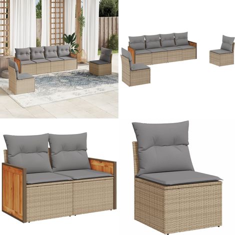 6-tlg. Garten-Sofagarnitur mit Kissen Beige Poly Rattan - Gartensortiment - Gartenmöbelset - Lounge Set - Rattan Möbel - Gartenlounge - Home & Living (1/5)