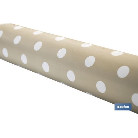 Rotolo di tovaglia impermeabile antimacchia con disegno a pois 140 cm x 20 m realizzata in vinile e poliestere beige e bianco