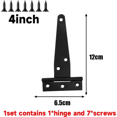 Charnières métalliques en T (10 cm - 1 jeu) noires robustes avec vis pour clôtures en bois extérieures, granges, abris de jardin, portails et portes. Résistantes à la rouille. (1/5)