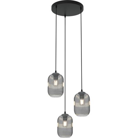 Lampadario 3 Luci Verdi Base Tonda In Acciaio Nero E Vetri Plissettati Fumè (1/5)