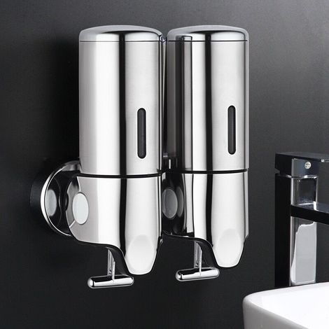 Dispensador doble de jabón de pared para champú, acondicionador, gel de ducha y loción/jabón para baño o cocina - Plateado (1/3)