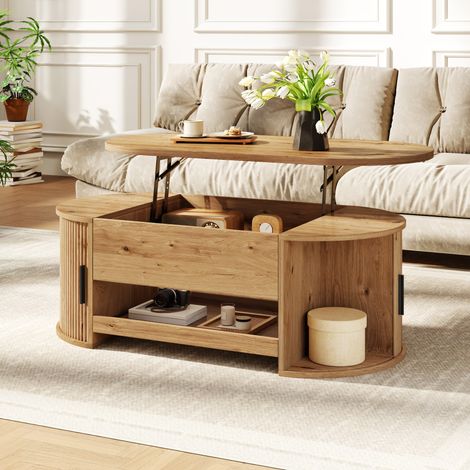 Table basse à plateau ovale relevable 110x55x55cm - portes coulissantes - rangement - salon - MDF - coloris naturel (1/5)