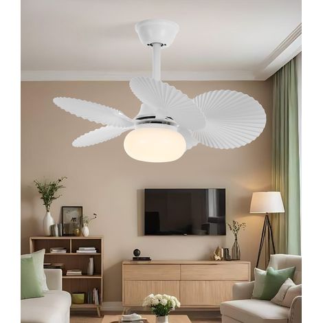 70cm Outdoor Ceiling Fan with LED Light, Palm Leaf Blades, Quiet DC Motor, 6 Speeds, Remote, Dimmable for Patio Gazebo, White, M604