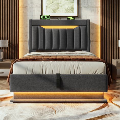 Lit rembourré simple 90x200 cm, tête de lit de rangement avec ports USB et Type-C, éclairage LED à la tête et au pied du lit, avec rangement hydraulique, gris, lin. (Sans matelas) (1/5)