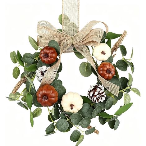 Miniatur-Weihnachtskranz mit Schleife und Beerenanhänger, Eukalyptus-Kürbiskranz