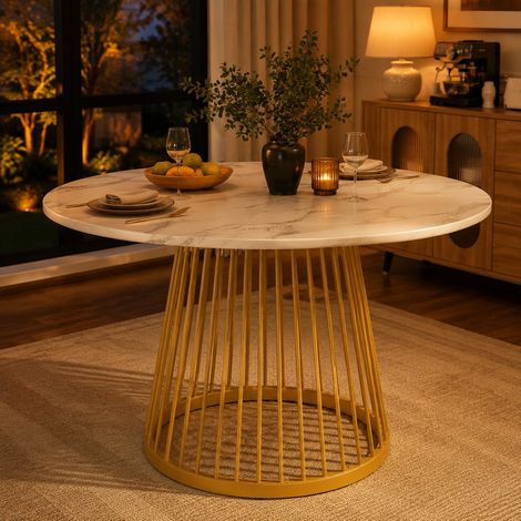 Mesa de comedor redonda 80x80x76 cm de MDF y metal blanco y dorado, ahorra espacio-FLORAGRACE (1/5)