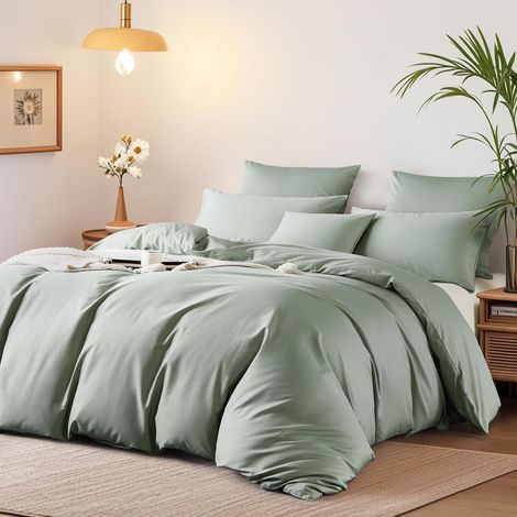 Bettwäsche-Set 155x220 cm Baumwolle Mako Satin Salbeigrün Öko-Tex 2x 80x80 cm