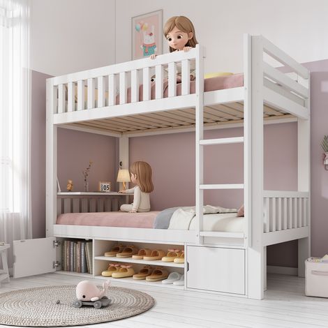 REDOM Letto a castello per bambini 90x200 cm con tavolo pieghevole e scarpiera in legno bianco (Senza materasso)