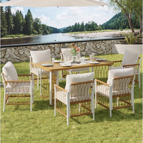 Ensemble table chaises de jardin 1 table 6 chaises, métal blanc et rotin DESVIAE (1/5)