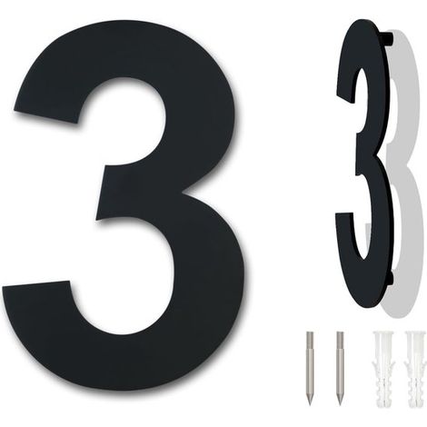 Hausnummer aus schwarzem Edelstahl，25,4 cm，Nummer 3，Schwebende Hausnummer，Hausnummer aus Metall，Hausnummer für den Außenbereich，3D-Hausnummer (1/5)