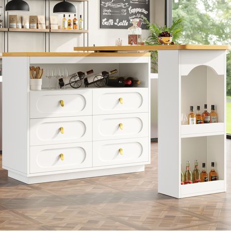 Credenza 203x39x90 cm con tavolo da pranzo estraibile, 6 cassetti e vani aperti, in MDF, bianca (1/5)