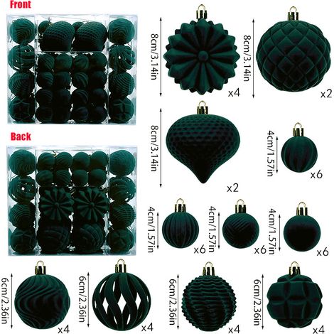 Set of 48 Flocked Velvet Christmas Baubles – Hanging Decorations for Christmas Trees and Fireplaces (Dark Green) (1/5)