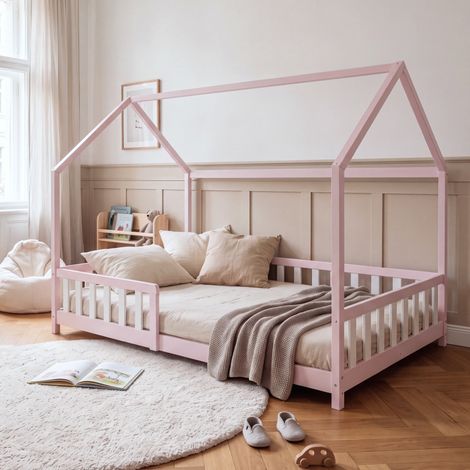 Letto Piazza e Mezza Hesel per Cameretta a Forma di Casetta 120 x 200 cm Rosa [en.casa]