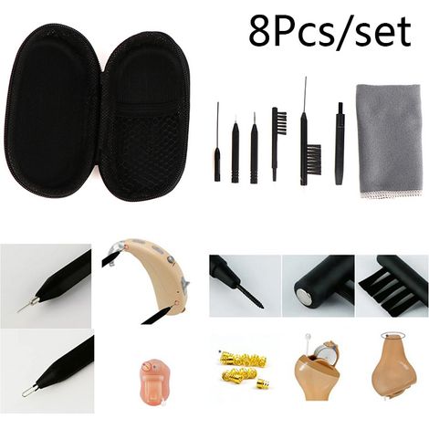 Kit de nettoyage et d'entretien pour accessoires d'appareils auditifs numériques : chiffon de nettoyage à sec, brosse de nettoyage, embout de ventilation, tournevis, outil d'extraction de broches (1/4)