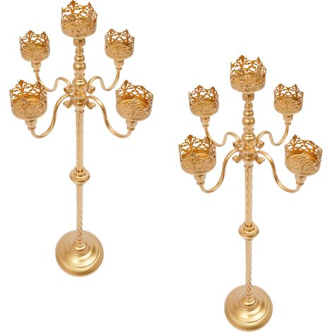 Bougeoirs 2 pièces à 5 branches, bougeoirs de table en métal doré, bougeoirs vintage de 103cm pour un dîner de mariage ou une fête, Luminaire (1/5)