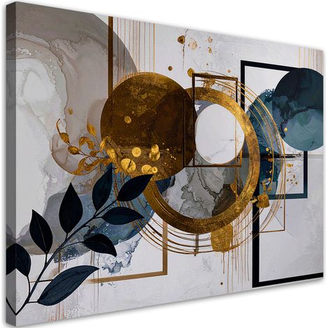Toile Imprimée, Formes abstraites de cercles et de feuilles bleu et or,30x20 (1/4)
