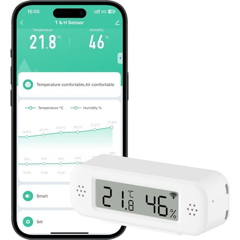 Capteur de thermomètre et hygromètre Wifi, capteur de température et d'humidité avec alarme de notification d'application à distance, compatible avec Alexa(1 pièces) (1/5)