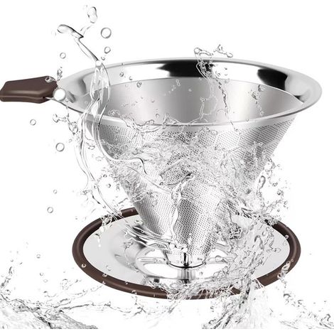 Lntyq Permanenter Kaffeefilter aus Edelstahl, papierloser Kaffeefilter für die manuelle Kaffeezubereitung, wiederverwendbarer Kaffeetropfer mit doppeltem Edelstahlnetz und Silikongriff