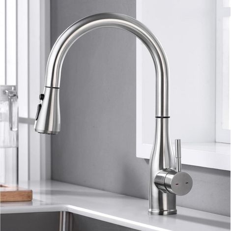 Küchenarmatur mit ausziehbarer Brause, Edelstahl, 3 Strahlarten, 360° drehbar, Nickel gebürstet (1/5)