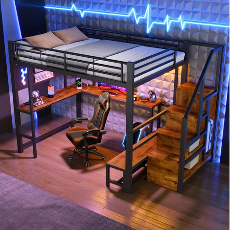 Letto a soppalco adulto 140x200 cm con scrivania, LED, USB/Type-C, contenitore, struttura stabile, metallo MDF nero (1/5)