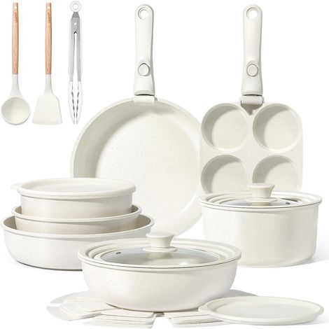 Batteries de Cuisine avec Poignée Amovible , Sets de Poêles et Casseroles avec Revêtement Antiadhésif en Granit, Adapté au Camping, Résistantes au Four, Compatible Tous Feux(Blanc) (1/5)