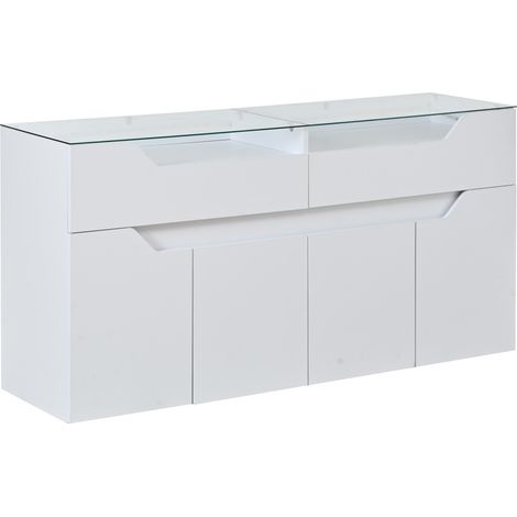 Buffet blanc avec plateau en verre trempé 140 x 40 x 70 cm en MDF, 2 tiroirs (1/5)