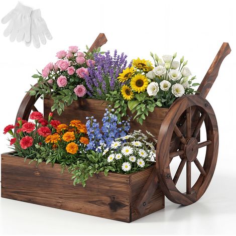 Jardinière wagon en bois rustique 2 niveaux, lit de jardin surélevé polyvalent avec roues - marron (1/5)