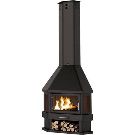 Bronpi – Cheminée à bois d'angle 14 kW – Système triple combustion – Foyer en fonte – Vitrocéramique 750°C – Range-bûches intégré (1/5)