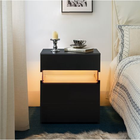 MEUBLIV Mesita de noche LED negra 48x38x61 cm - 3 cajones y almacenaje (1/5)