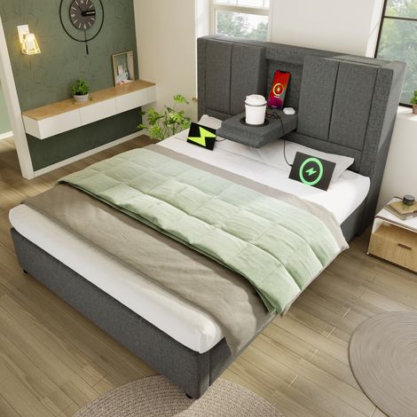 Lit simple capitonné 90x200 cm avec porte-gobelet caché et station de charge, coffre hydraulique, sommier inclus, lin gris (avec matelas) (1/5)