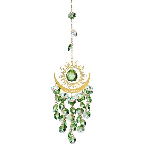 Attrape-Soleil en Cristal Soleil et Lune, Carillons Éoliens Colorés pour Vitraux Extérieurs, Prismes Suspendus, Décoration de Plafond de Jardin, Carillons Éoliens Bohèmes (Vert) (1/5)