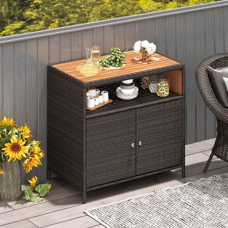 Buffet de jardin en rotin marron avec plateau en bois d'acacia et armoire 2 portes pour terrasse, jardin et bord de piscine (1/5)