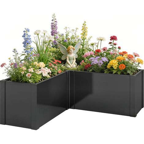 Hochbeet L-förmig Blumenhochbeet witterungsbeständig, Pflanzbeet Frühbeet aus Verzinkter Stahl 150 x 150 x 55 cm Schwarz