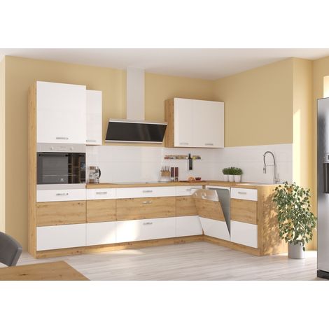 Azura Home Design – Ensemble cuisine complète en L-ARTISAN blanc brillant/chêne artisan 285x110 cm – Tiroirs PREMIUM BOX avec fermeture douce – Charnières amorties (1/5)