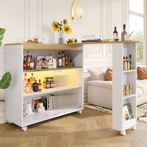 Tavolo bar allungabile in MDF bianco con LED e vani contenitore, 138-204x39x105 cm