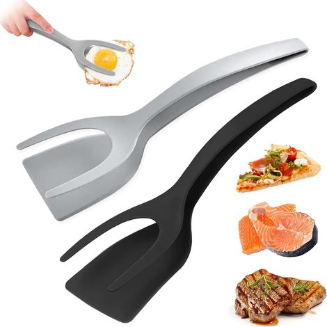 Espátula-pinzas de silicona 2 en 1 resistentes al calor, paquete de 2 unidades, para freír huevos y tortitas. (1/5)