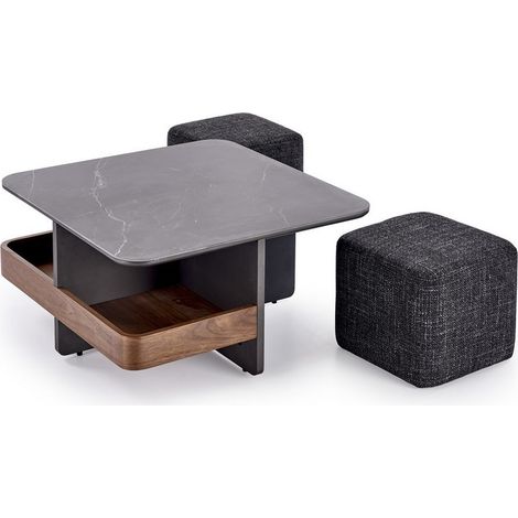 Table basse carrée style marbre avec 2 poufs Sylva (1/5)