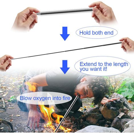 2 Stück zusammenklappbare Feuerrohre aus Edelstahl mit Tasche und ausziehbarem Feuerstab für Outdoor-Aktivitäten wie Picknick, Camping und Wandern (1/5)