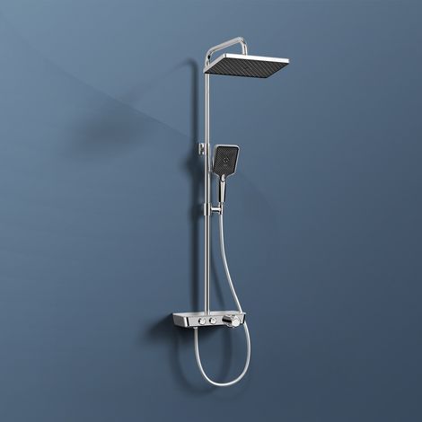 EMKE Colonne de douche thermostat, douchette à 3 puissances de jet, jet cascade, set de colonne de douche, set de douche avec étagère en verre, Certification KTW, Chrome (1/5)