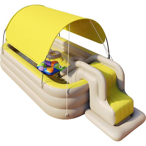 Gelbes aufblasbares Planschbecken mit abnehmbarem Sonnenschutz aus faltbarem PVC für Babys, ideal zum Spielen im Freien. (1/5)
