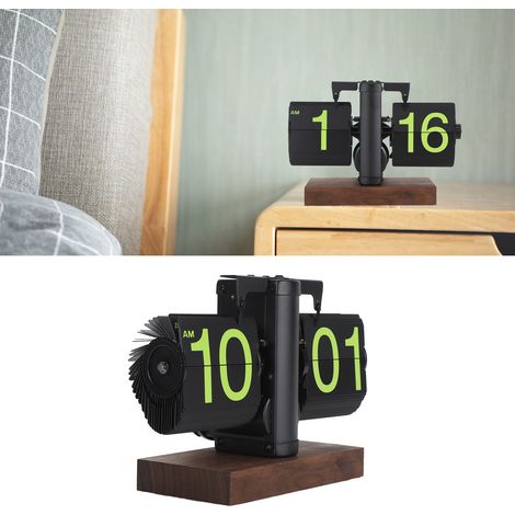 Reloj plegable automático de estilo retro, formato de 12 horas con números grandes, marco negro, base de madera, pantalla verde para salón, pantalla única. (1/5)