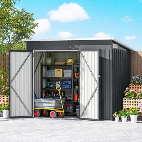 Casetta da giardino in metallo, cabina da giardino per esterni con tripla porta chiudibile a chiave, tetto spiovente e ventilazione, 234x132x185 cm, grigio (1/5)