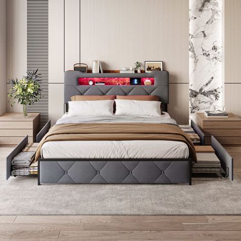Lit 140 x 200 avec sommier, lits et cadre de lit pour adulte, lit LED avec 4 tiroirs, port USB, tête de lit Rangement, Velours Gris