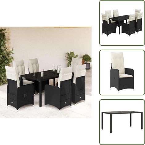 The Living Store Set da Bistrò da Giardino 7 pz con Cuscini Nero in Polyrattan - Sedie da giardino reclinabili