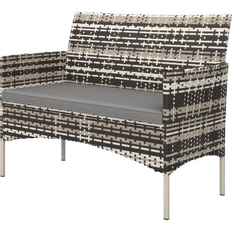 Canapé jardin 2 places rotin PE extérieur terrasse coussins tapis anti-dérapant cadre acier gris clair mobilier extérieur (1/4)