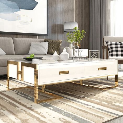 MEUBLER DESIGN Table Basse Blanche Avec Tiroirs Base Or Laqué Luxuria, Métal Finition Or, Métal, Verre, Rectangulaire, Style Baroque, 130 x 70 x 42 cm (1/5)