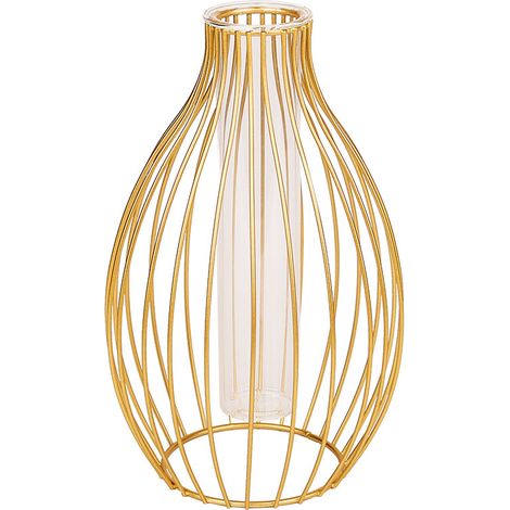 Vase à cadre métallique avec Tube en verre transparent, récipient hydroponique pour décoration de bureau, forme de lanterne dorée (1/5)