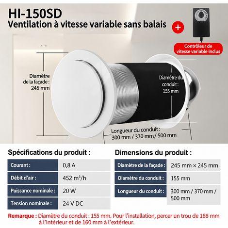 Extracteur aérateur d'air HI-150SD modèle insufflation d'air à vitesse réglable en continu longueur 300 mm 9 pales 1 kg – Livraison gratuite