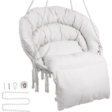 Fauteuil suspendu, 150 kg, chaise suspendue pivotante macramé, coussin, matériel de montage, corde en coton, chaise relax à franges, pour chambre, terrasse, jardin, intérieur, extérieur, beige (1/5)