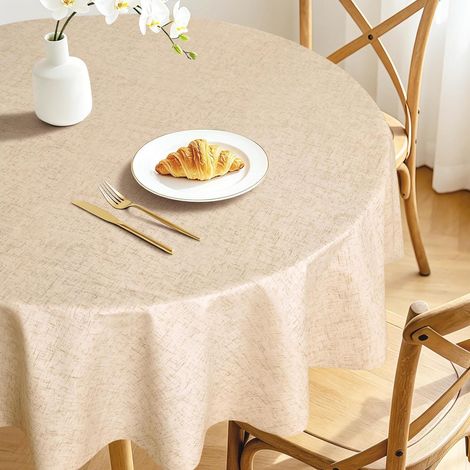 Runde Tischdecke 120 cm Leinenoptik Beige, abwischbar, wasserdicht, zuschneidbar